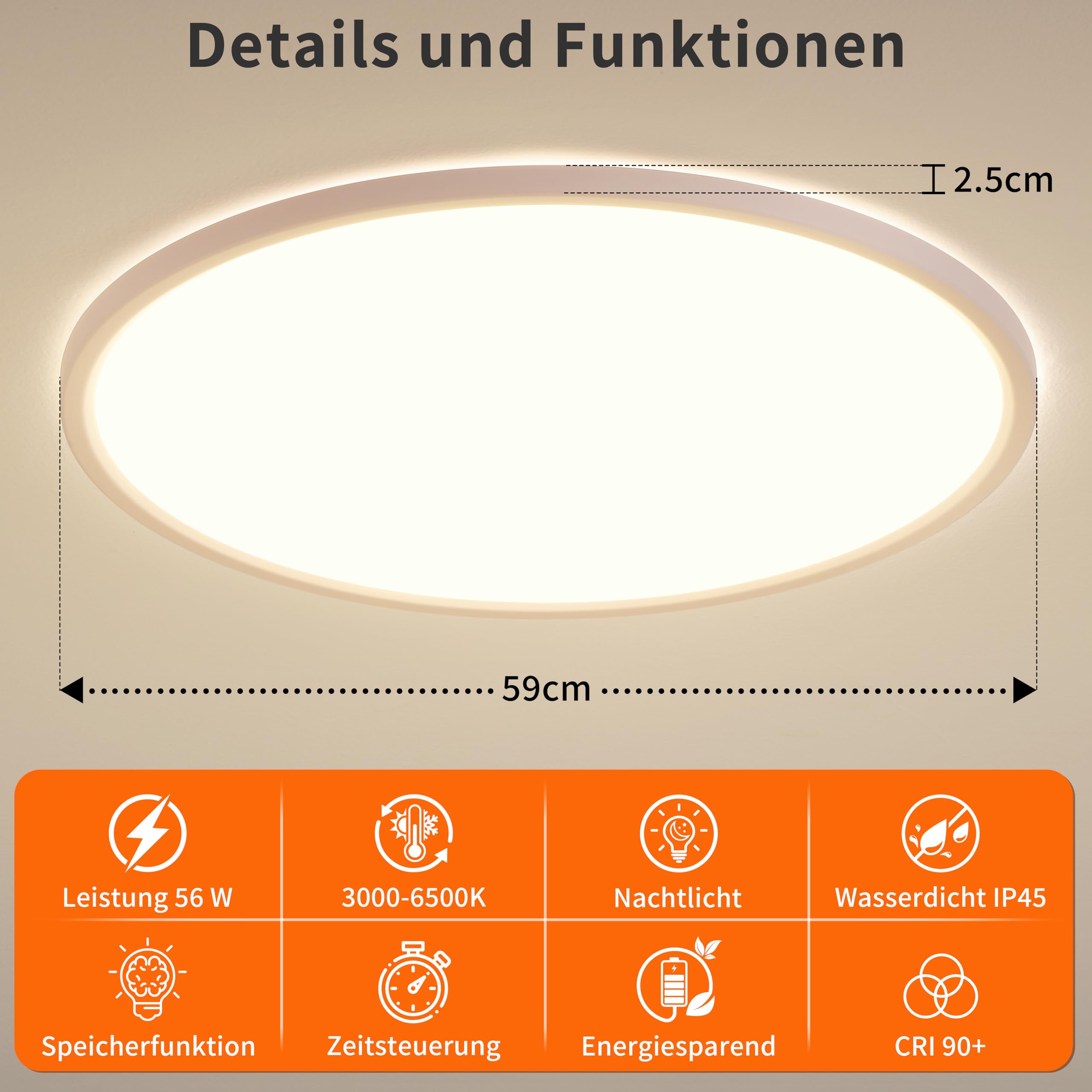 59CM LED Deckenleuchte Dimmbar mit Fernbedienung 56W Weiß | Dimmbar 3000-6500K, Ultra Dünn 2.5CM, Wasserfest IP45, 60s/1Hrs Timer, 10–100 % Helligkeit, Nachtlicht, für Schlafzimmer