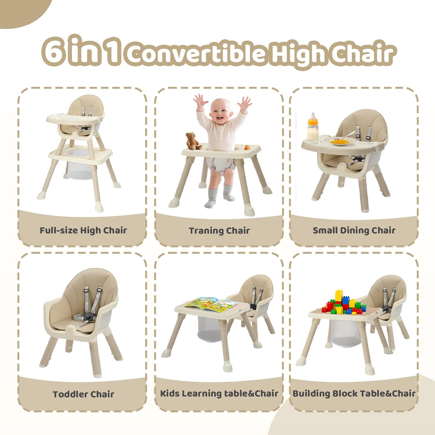 JOYMOR 7 in 1 High Chair for Babies and Toddlers, Convertible Kids Learning Table and Chair with Large Baske for Storage (Beige)