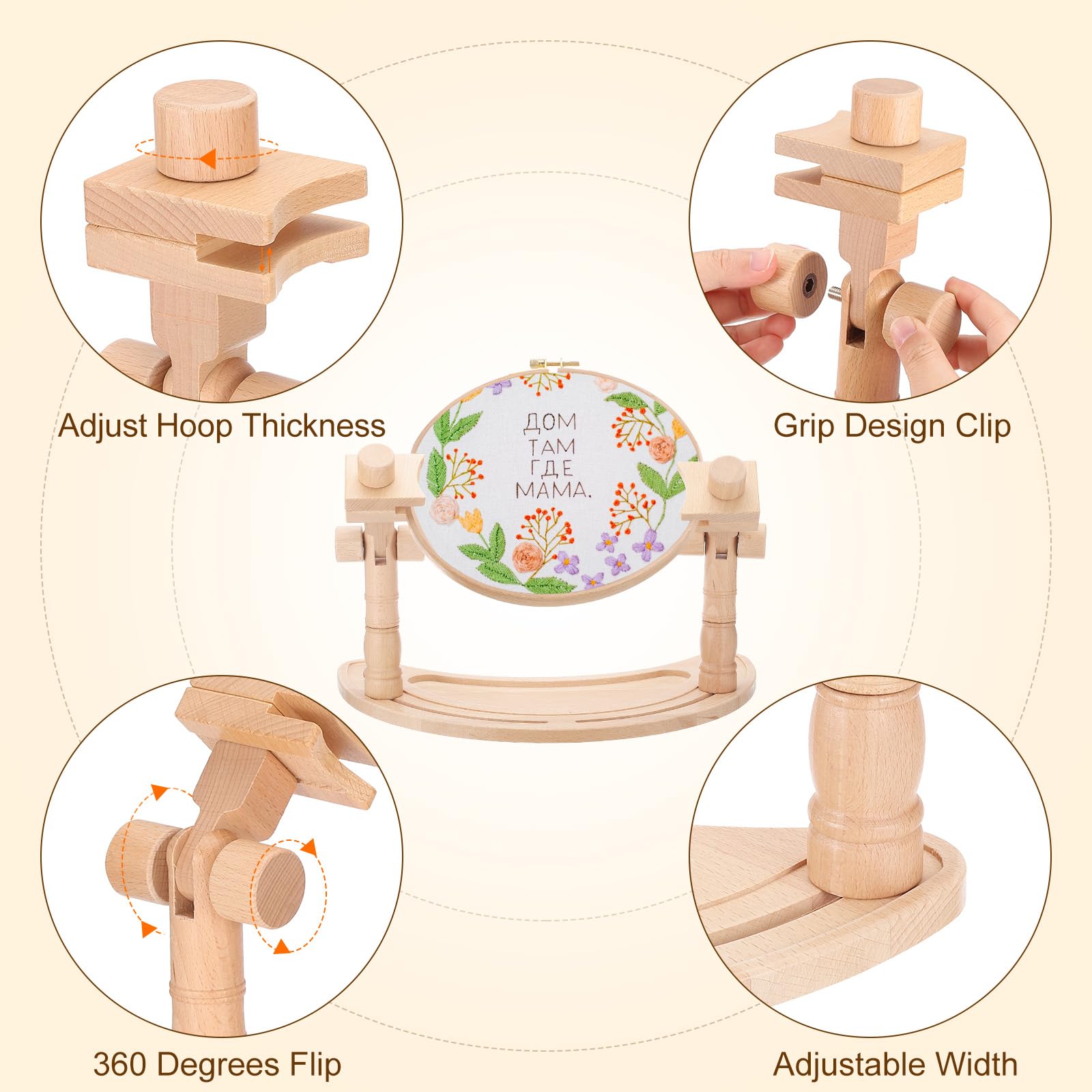 PATIKIL Soporte de aro ajustable para bordado, con forma de luna, de madera de haya y punto de cruz, soporte giratorio de 360°, manos libres, marco de bordado para costura, manualidades