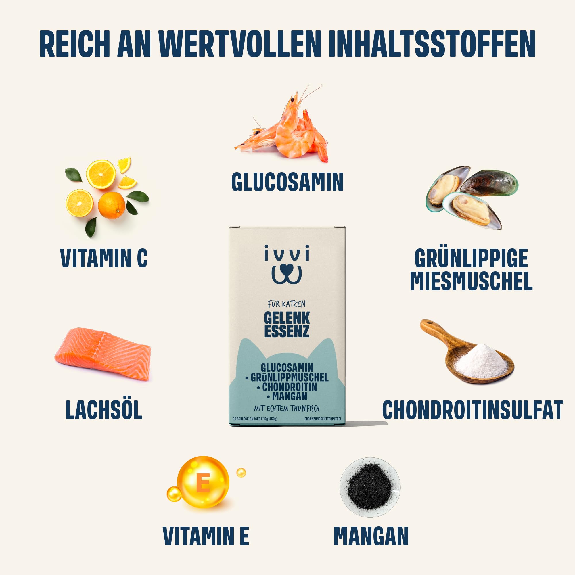 ivvi Gelenk Essenz für Katzen – Schlecksnack mit Glucosamin, Chondroitin, Grünlippmuschel & Lachsöl – zur Unterstützung der Gelenke – 30x15g – mit echtem Thunfisch