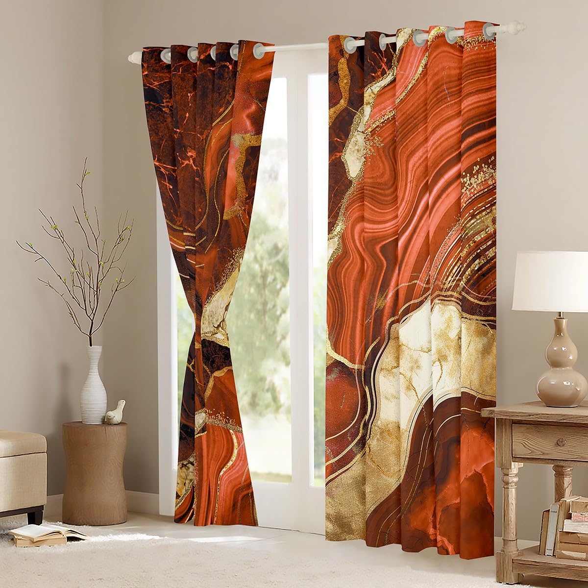 Erosebridal Orange Marble Curtains, Gold Crack Blackout Curtains, Abstract Metallic Texture Curtains & Drapes, Luxury Shinny Boho Hippie Fluid Marbling Window Curtains 38" X 45", 2 Panels