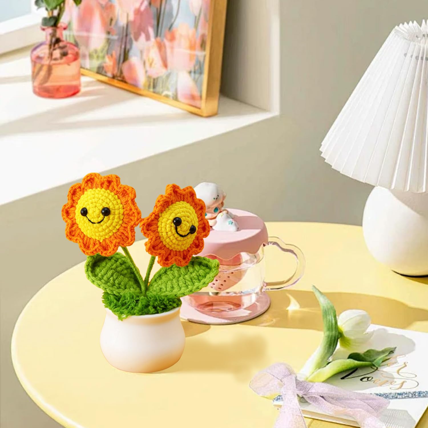 Vikrami lighting Smile Sunflower Gifts for Women,Emotional Support Gift,Sunflower Artificial Flowers Gift,Mini Handmade Crochet Sunflower Potted for Birthdays And Graduation Season - Image 2