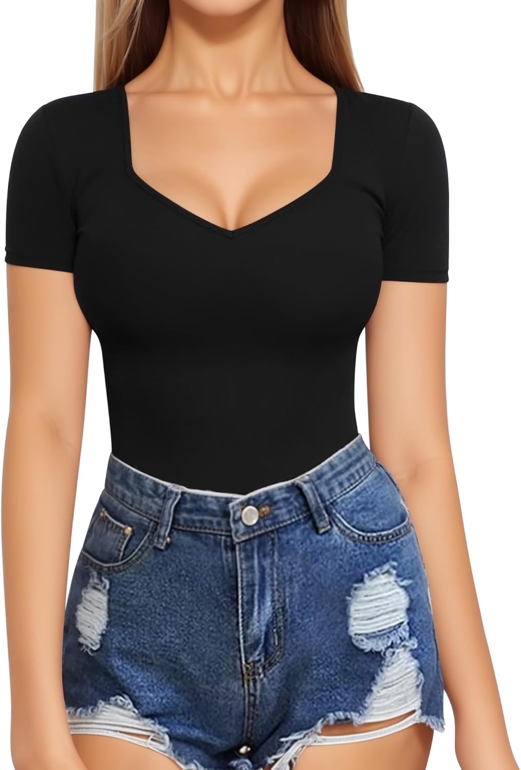 MANGOPOP Women's T Shirt Sweetheart V Neck Long Sleeve Short Sleeve Basic Tight Tops Tee - Image 2