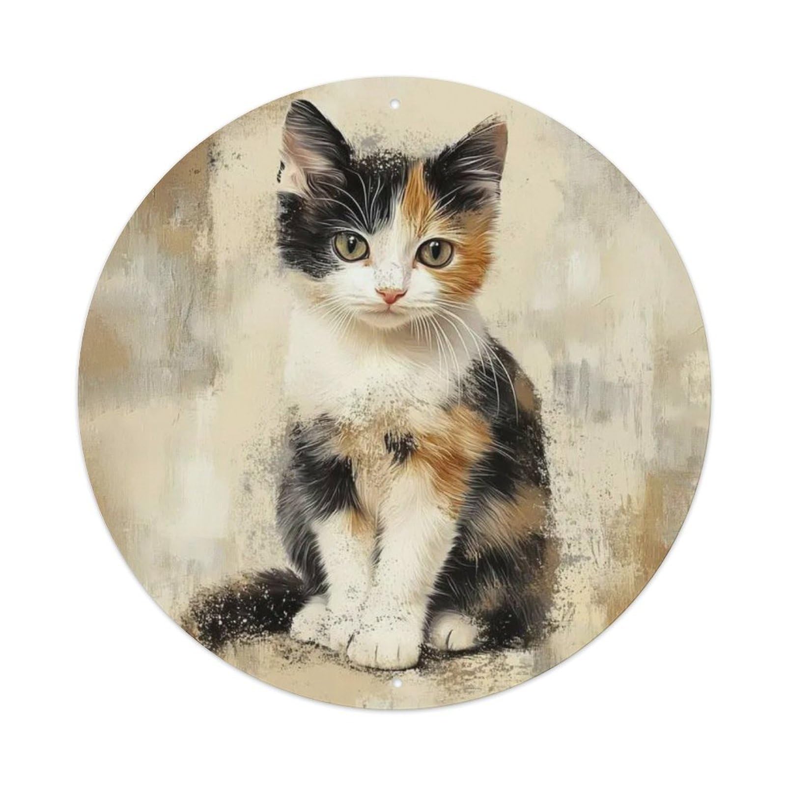 Animal Calico Kitten Calm Neutral Wabi-sabi Impressionist Style Vintage Metal Tin Sign Plaque Wall Decor for Cafe, Club Bar, Office, Garden Metal Poster 8x8Inch