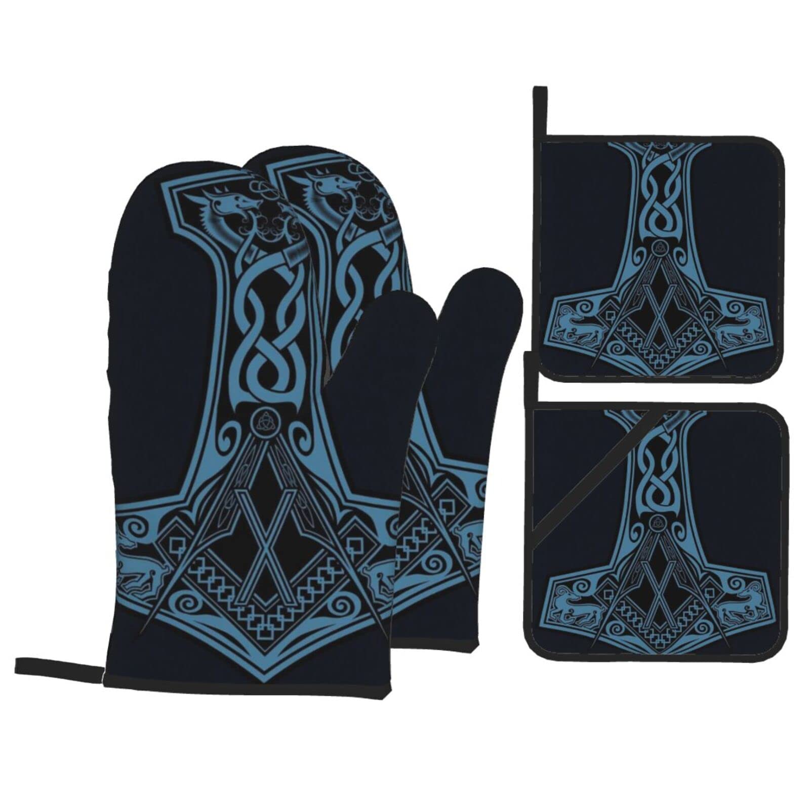 321 4Pcs Oven Gloves And Pot Holders Viking Hammer Mythology Bbq Gloves Waterproof Microwave Oven Glove Premium Gloves For Cooking, Kitchen, Grill