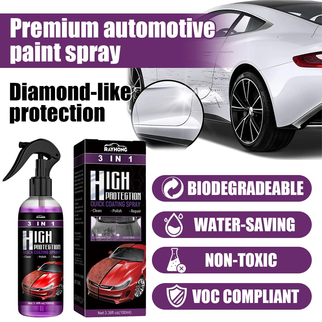 HONGECB High Protection Spray 3 w 1, Nano Ceramic Spray Coating, Renowacja Pro Auto Nadwozie, Polerowanie samochodu Powłoka natryskowa, polerka naprawa Pro Auto Motocykl karoseria, 2 szt