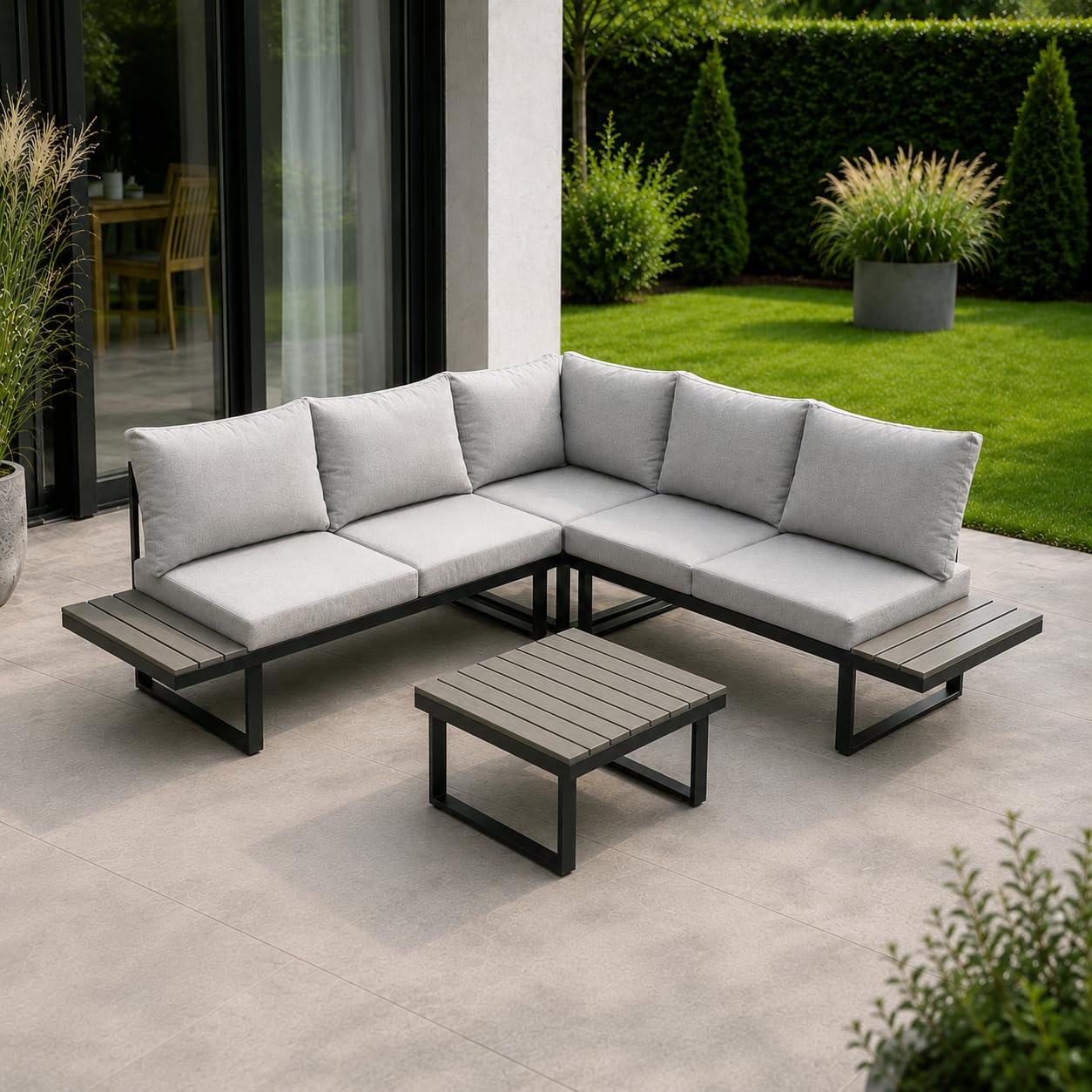 Garten Lounge-Set Pisa, L-Form, Stahl und Holz-Kunststoff-Gemisch, Hellgrau, mit Liegefunktion, inkl. Tisch