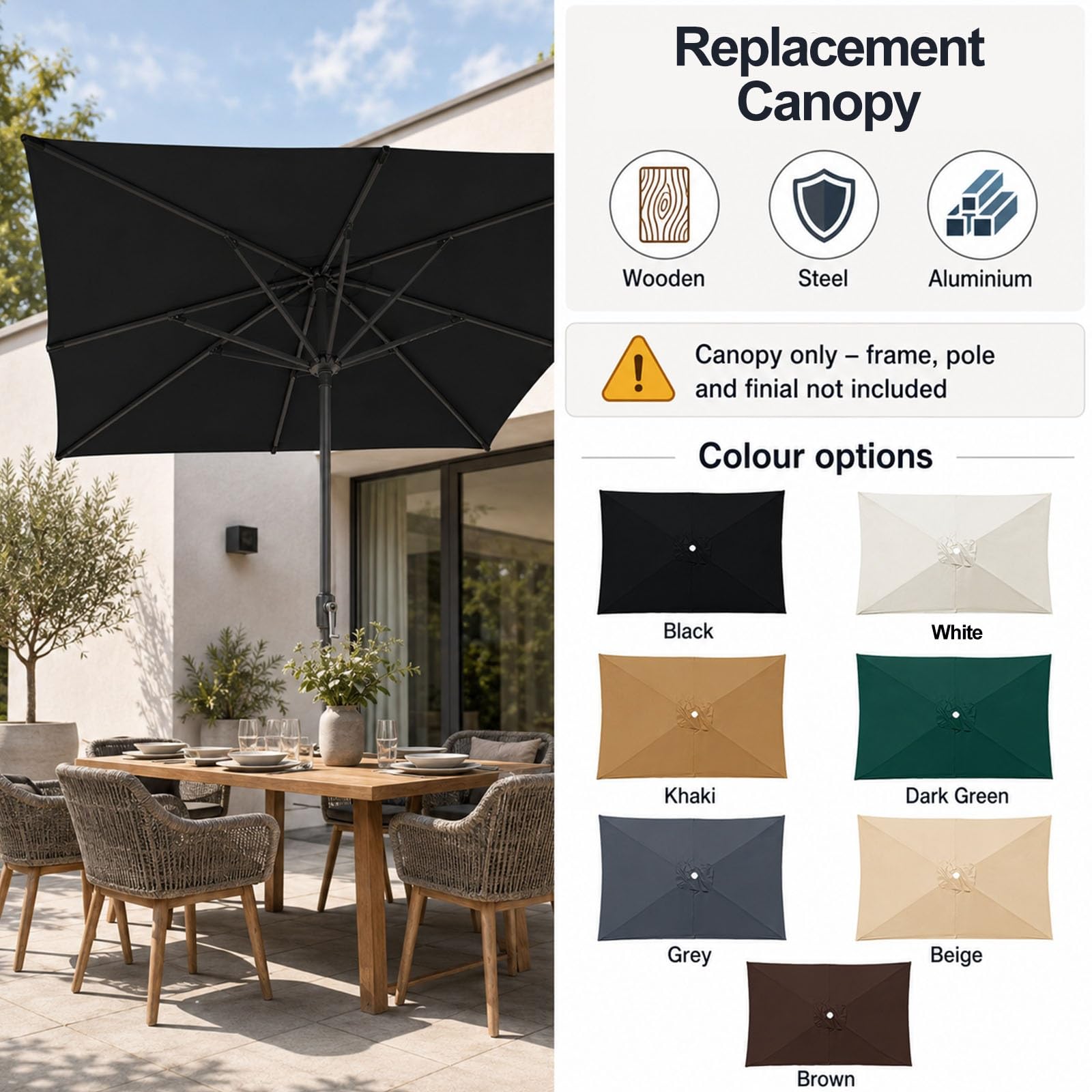 Generico Telo di Ricambio per Ombrellone da Giardino Rettangolare 3x2 Metri, con 6 Stecche, Resistente allo Sbiadimento, Ideale per Terrazze, Cortili, Piscine E Giardini (Solo Telo)(Cachi)