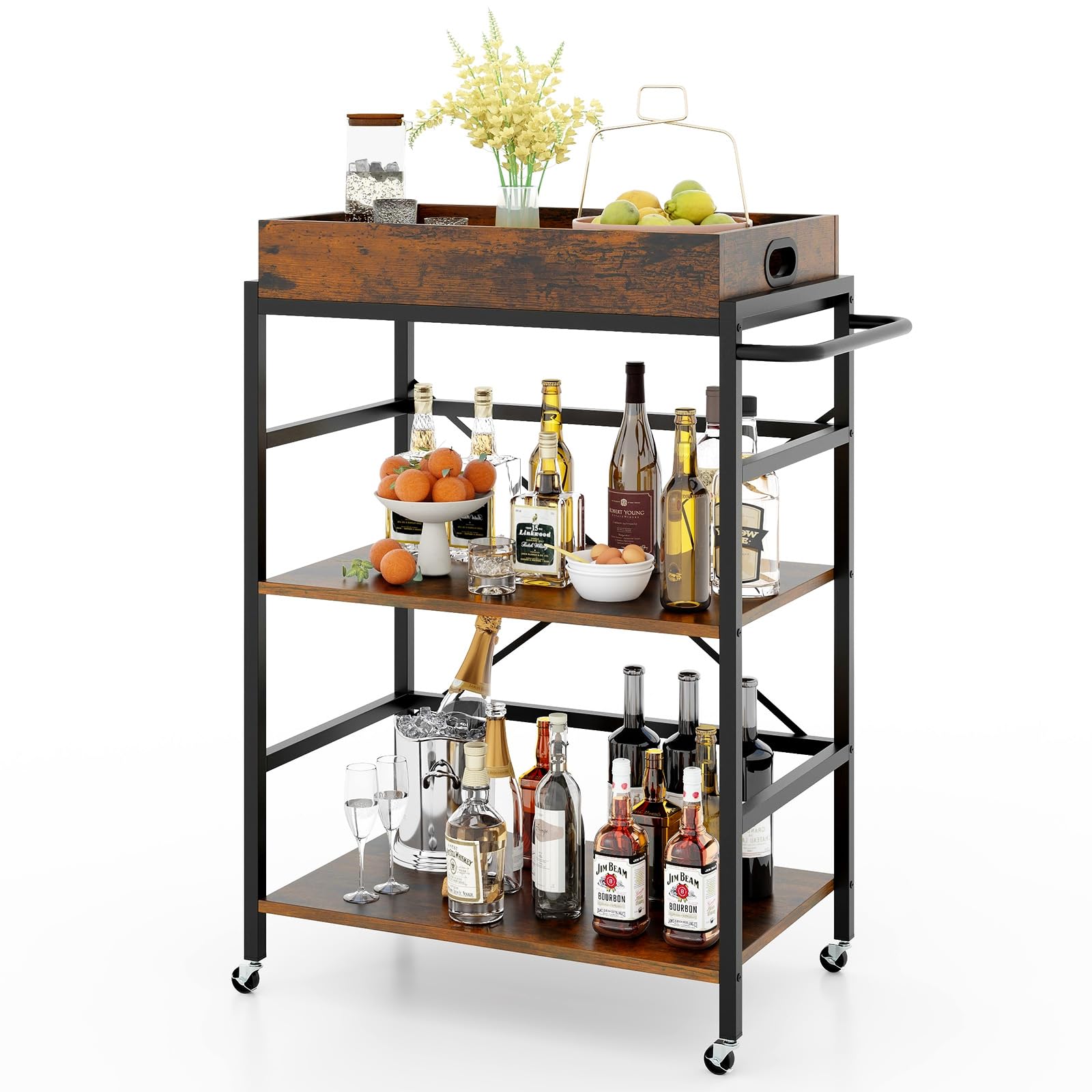 COSTWAY Carrello da Bar a 3 Ripiani, Carrello da Servizio Industriale con Vassoio Rimovibile, 4 Ruote Bloccabili e 1 Maniglia, Carrello da Cucina con Ruote, 73 x 40 x 94 cm