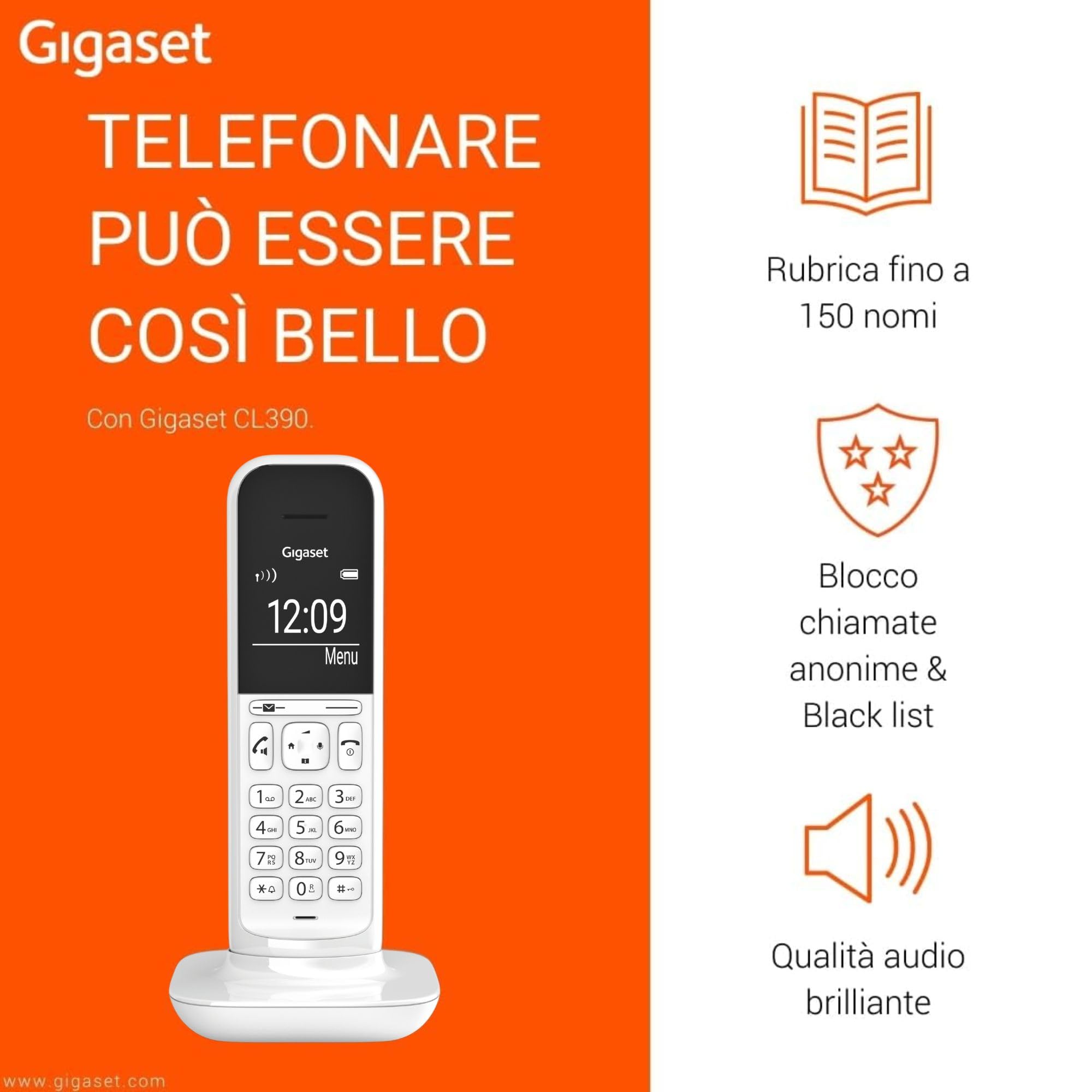 Gigaset CL390 Telefono Cordless, Funzione Black List e "Non disturbare", Vivavoce, Display Ampio, Bianco, Standard [Versione Italiana]