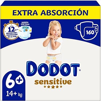 Dodot Sensitive Diapers, Size 6+, Extra Absorbency, 160 Count, For Babies 14+ kg, 12 Hours of Protection, with Leak Barriers and Ultra Soft Materials
