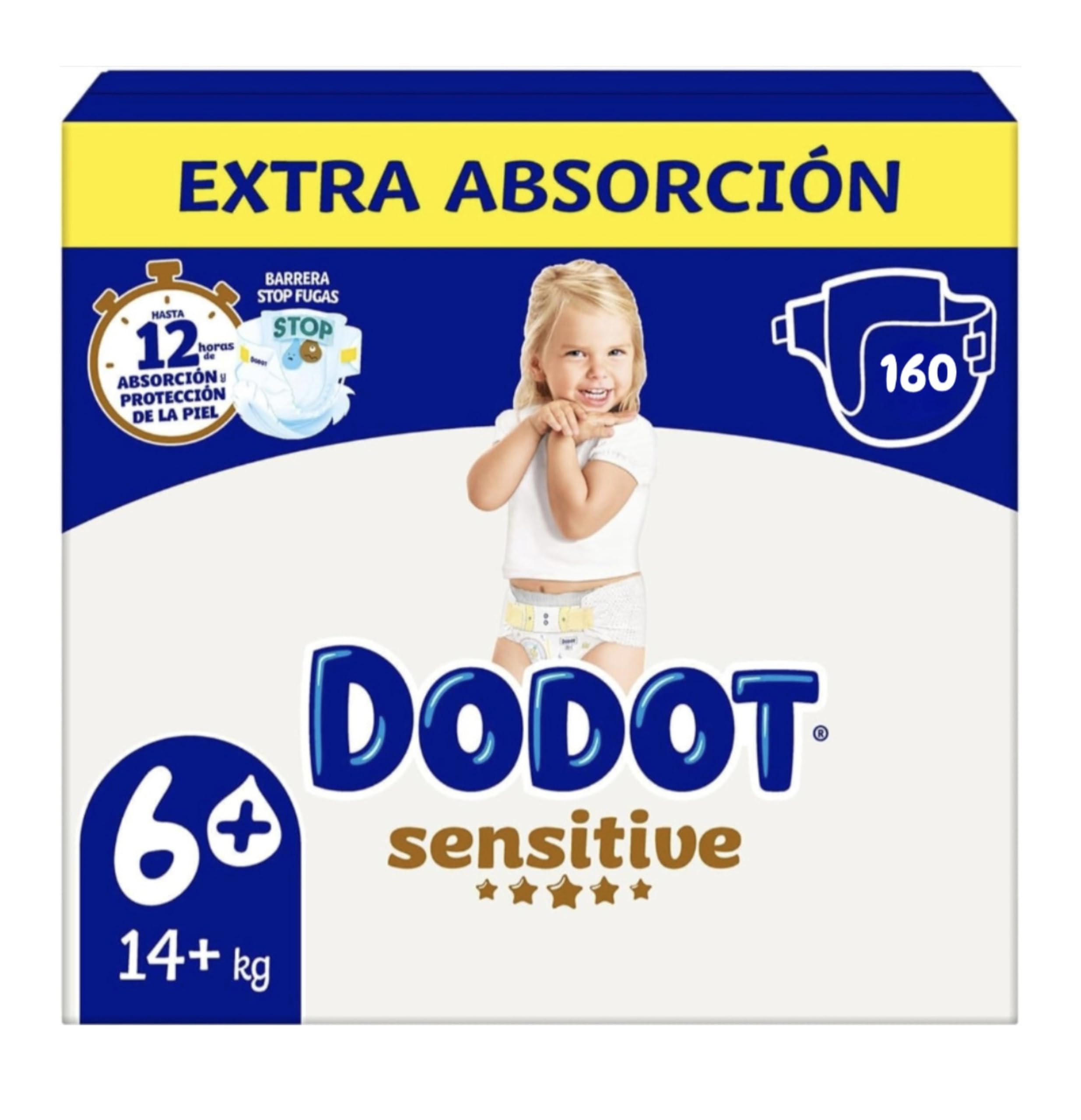 Dodot Sensitive Pañales, Talla 6 +, Extra Absorción, 160 Unidades, Para Bebés 14+ kg, 12 Horas de Protección, Con Barreras Antifugas y Materiales Ultra Suaves
