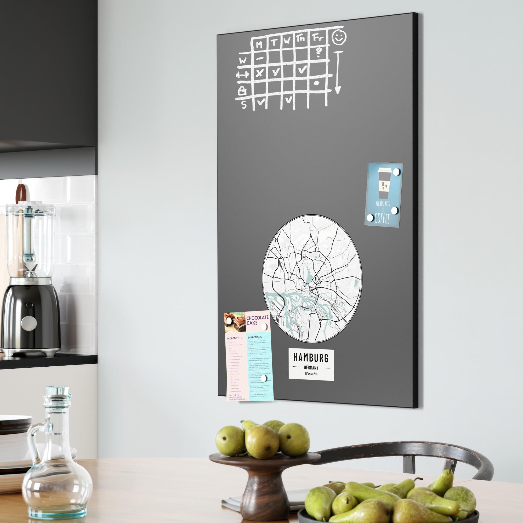 DEQORI Magnetyczna tablica do pisania kredą z nadrukiem UV | motyw "mapa miasta Hamburg" | wzór prostokątny 60 x 90 cm | metalowa tablica kredowa do pisania – dekoracja ścienna do kuchni, korytarza