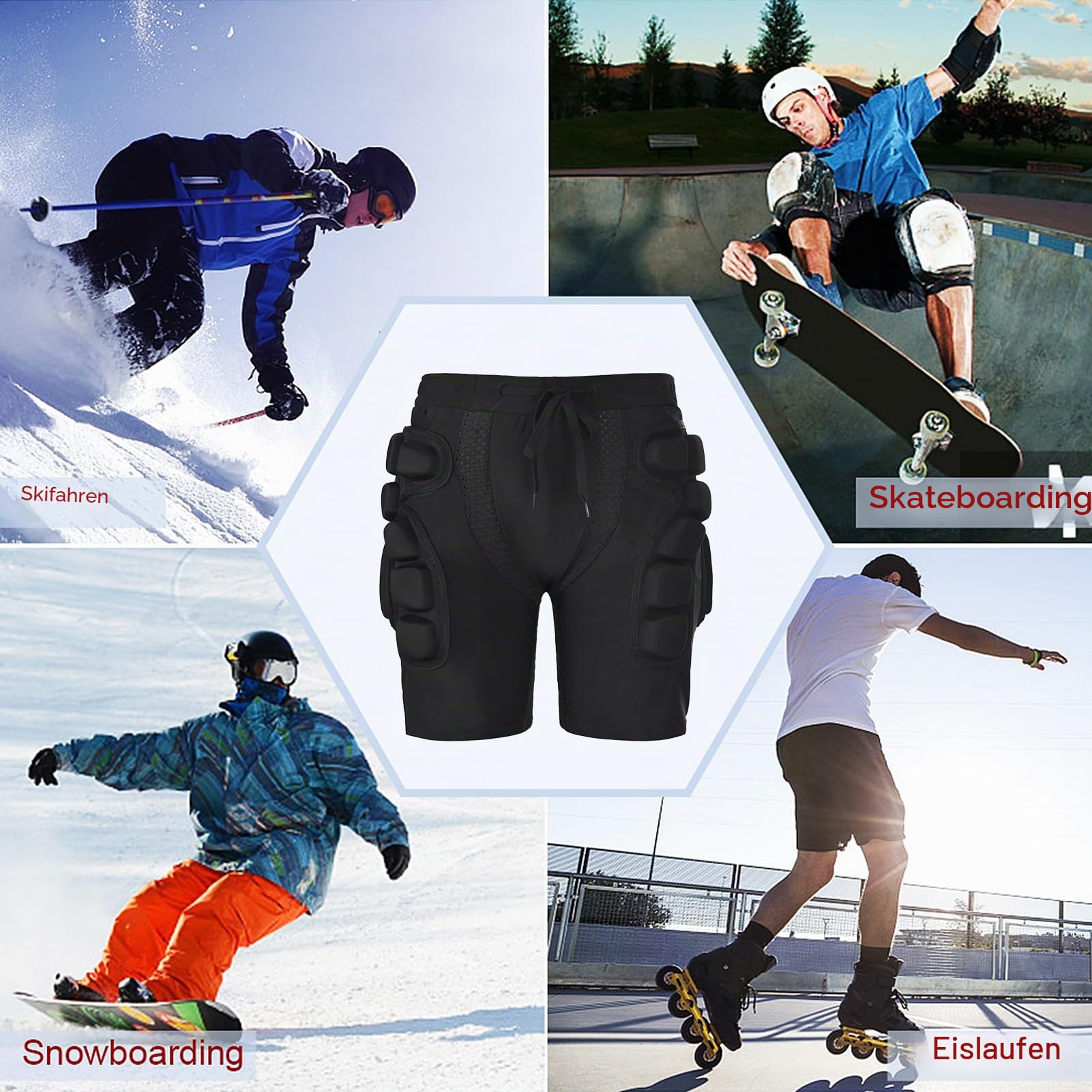 Protektorenhose, Gepolsterte Shorts, 3D Hüftpolster Schutz Shorts, Schützende Snowboard Shorts für Snowboarding, Skaten und Skifahren, Po und Steißbein