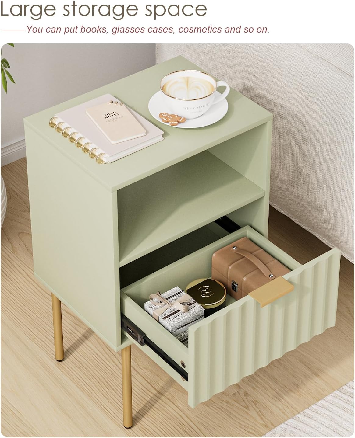 Nightstand,Modern Bedside Table with Gold Frame,Night Stand,Bedside Furniture, Modern Side Table with Drawer and Shelf for Bedroom,Living Room (Green)