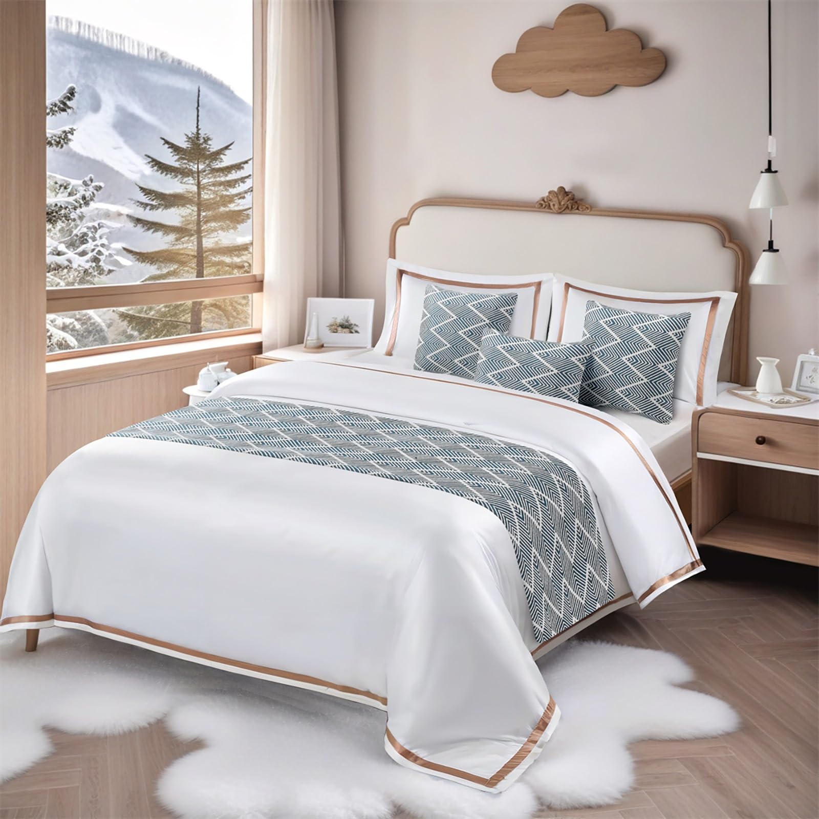 Bettläufer, gestrickt, doppelseitig, aus Jacquard, geometrisch, gewellt, Schal, Handtuchschutz für Hotelzimmer (blau, 45 x 210 cm für 150 cm Bett)