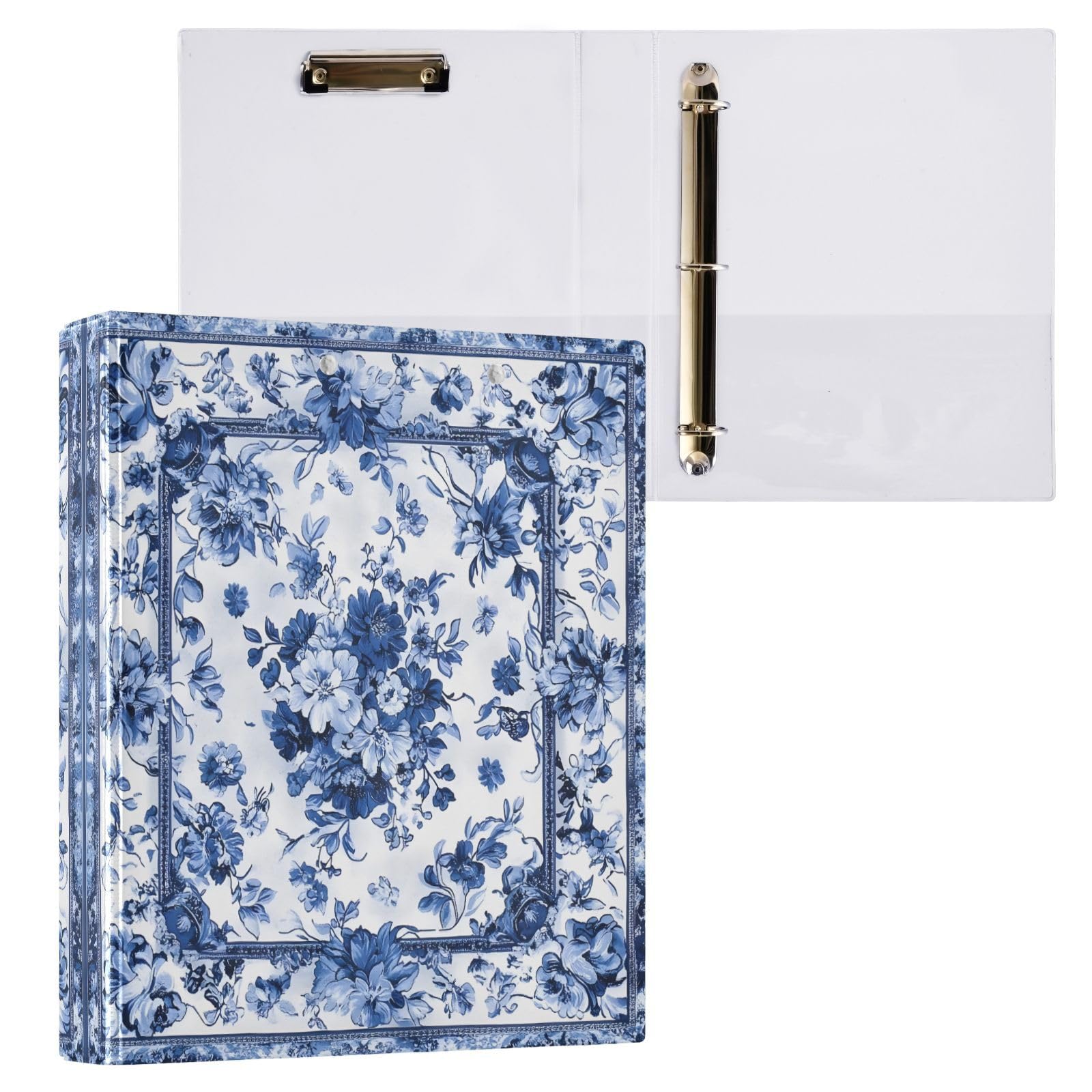 Raccoglitore ad anelli con motivo floreale blu e bianco, 3,8 cm, decorativo, con clip in metallo, formato A4, organizer per casa e ufficio, confezione da 2
