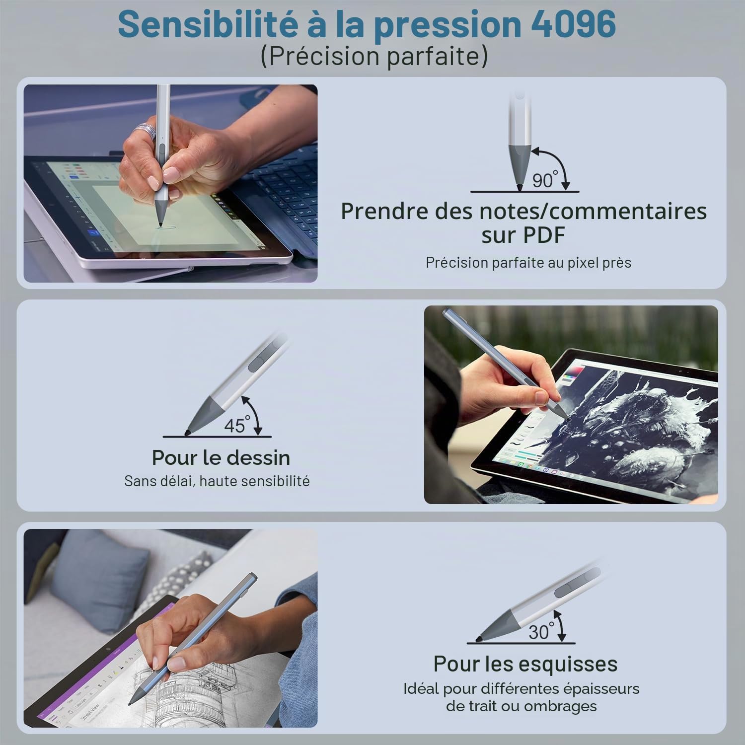 Stylet pour Surface Pro 12/11/10/9/8/7/X, Surface Pen avec 4096 Niveaux de Pression, Fixation Magnétique et Fonction Gomme, Compatible avec Surface Go 3, Laptop 5/4/3, Book, Laptop Studio