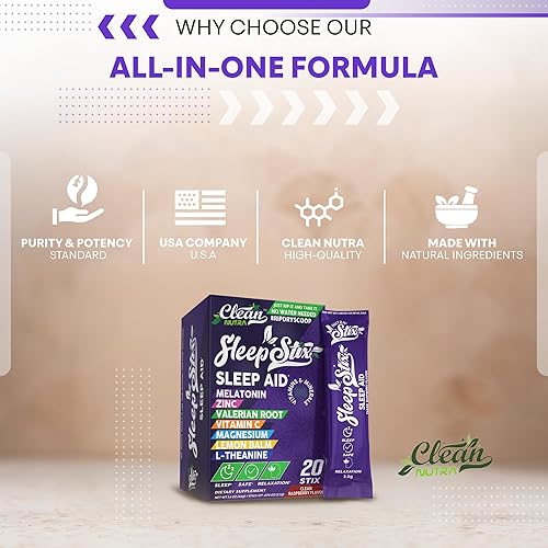 Miniatura 8 de Sleep Stix con melatonina, L-triptófano, L-glicina, raíz de valeriana, magnesio, bálsamo de limón, L-teanina en sabor a frambuesa limpio por Clean