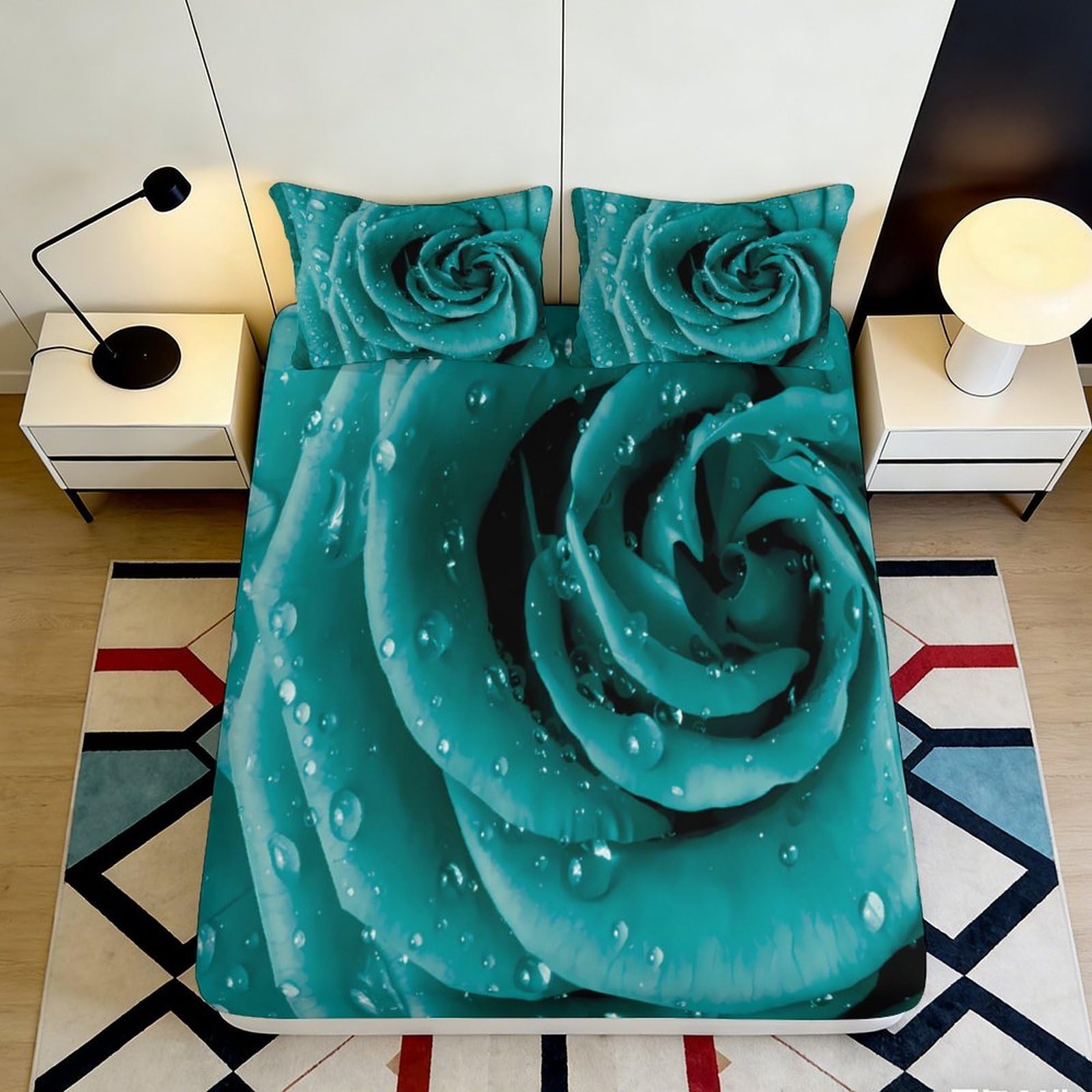 3D Printed Turquoise Rose Fitted Sheet Microfiber Soft Breathable Dew Drop Mattress Cover for Bedroom Dorm Room Decor 90x200x25cm