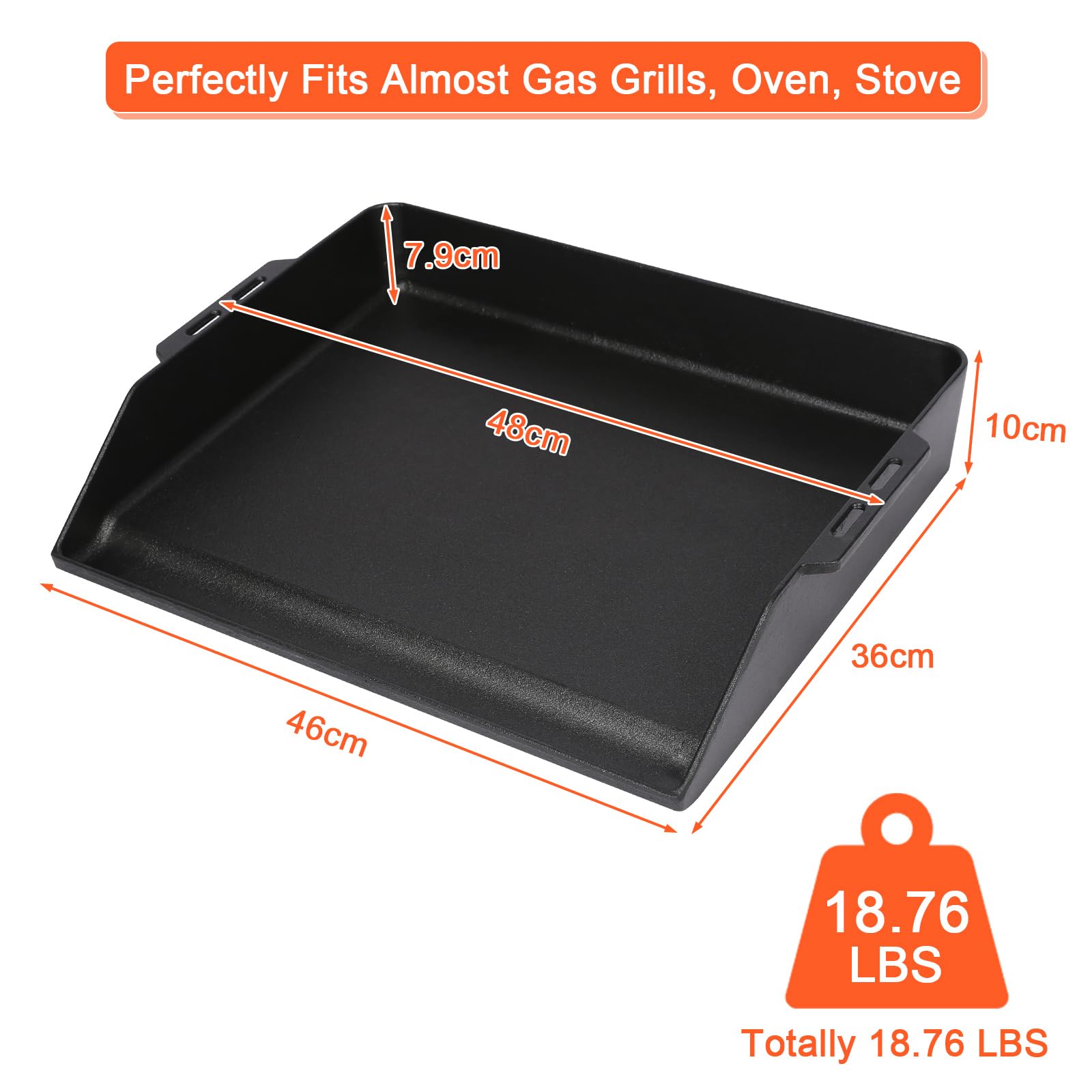 Denmay Plancha universelle en fonte de 48 x 36 cm pour barbecue à gaz, four et cuisinière, poêle pour RÖSLE VIDERO, Weber, CharBroil, Enders, Campingaz, Tepro et plus encore avec gouttière à graisse