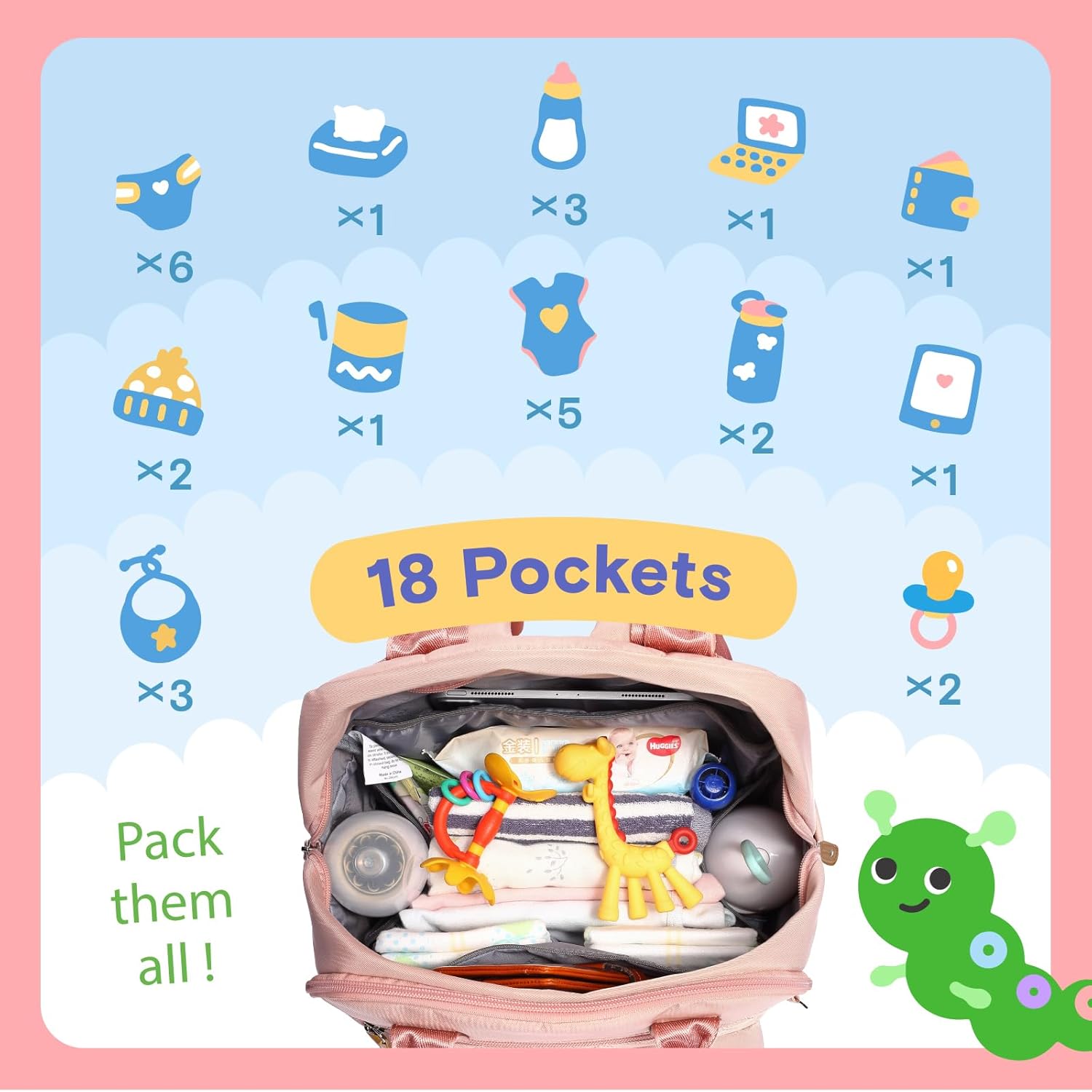 iniuniu Diaper Bag Backpack, 4 in 1 kit Large Unisex Baby Bags for Boys Girls, Waterproof Travel Back Pack with Diaper Pouch - Image 4