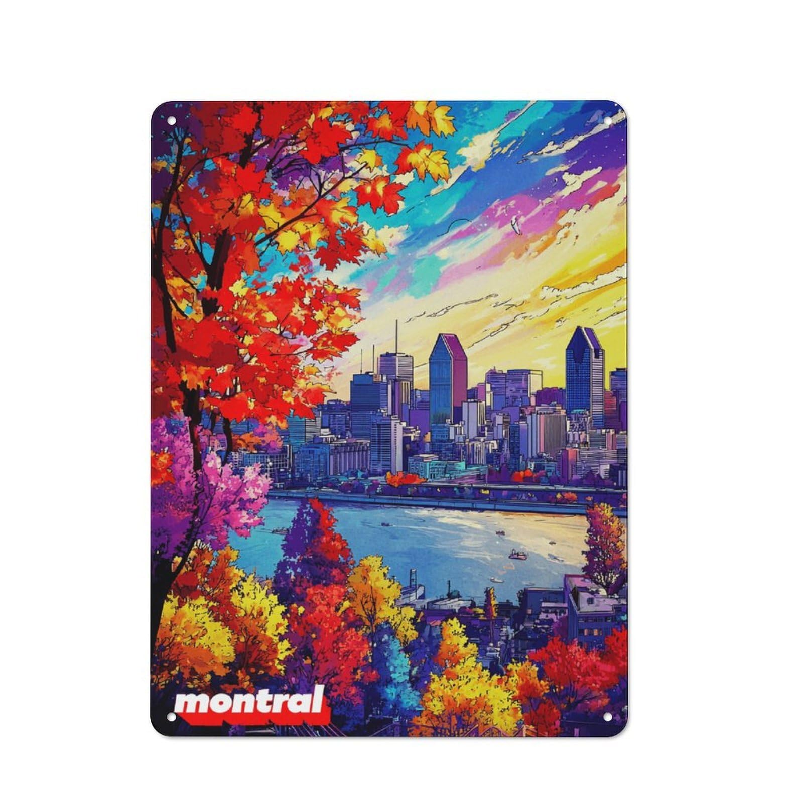 Junmoney Autumn Colors In Montréal Skyline -3 Rustic Tin Sign 40X30cm For Living Room Or Hallway, Suited To Living Room Decor Lovers