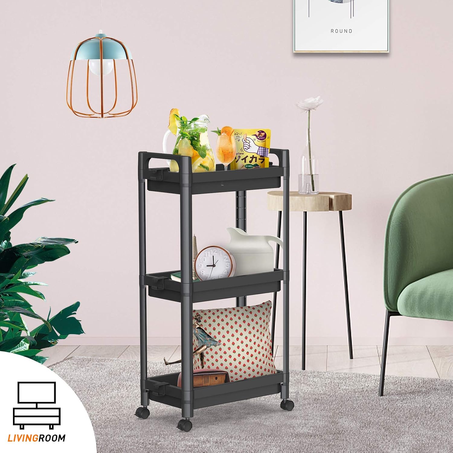 Ronlap 3 Tier Classic Rolling Storage Cart, Plastic Narrow Rolling Utility Cart with Handle, Slide Out Slim Storage Organizer Shelving for Kitchen Bathroom Laundry Room, Black