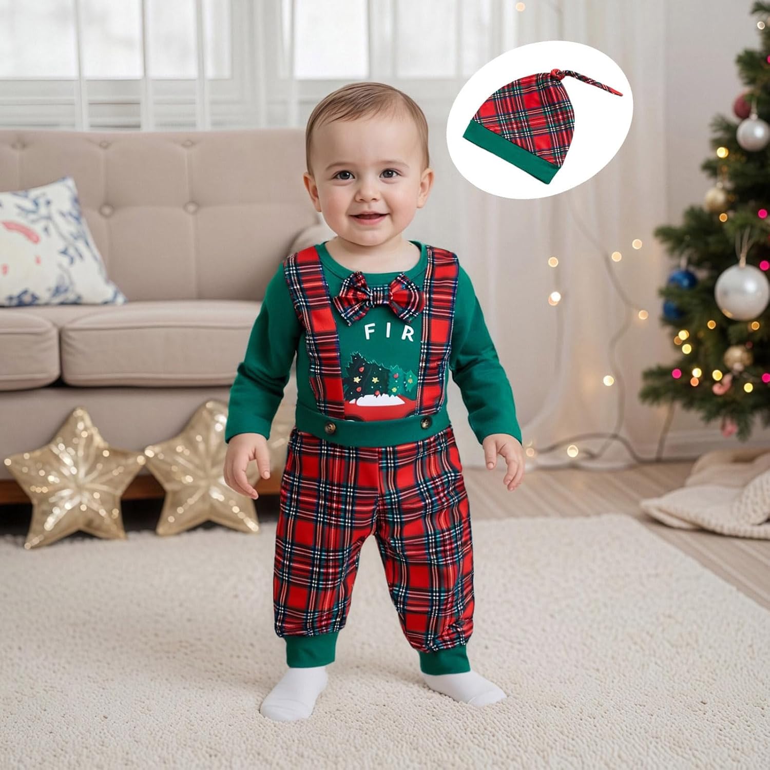 My First Christmas Baby Boy Outfit Newborn Infant My 1st Christmas Truck Romper Plaid Suspender Pants Gentleman Set - Image 3
