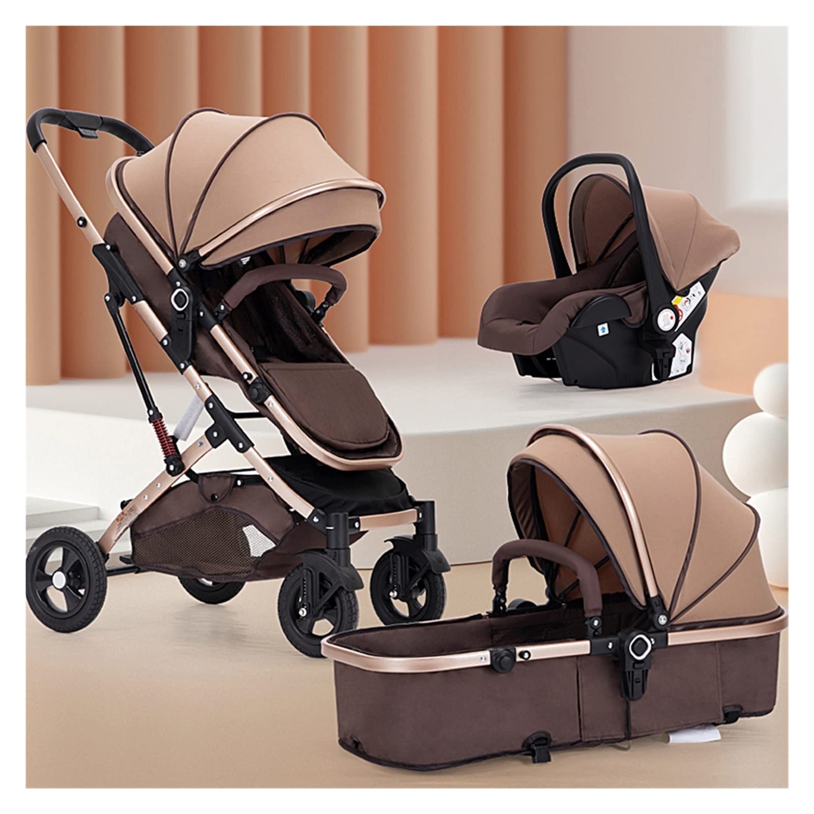Photo 1 of Newborn Carriage Umbrella Baby Stroller 3 in 1 Foldable Baby Stroller,High Landscape Infant Pushchair Stroller,Luxury Shock Absorption Springs Pram Baby Stroller (Color : Khaki)