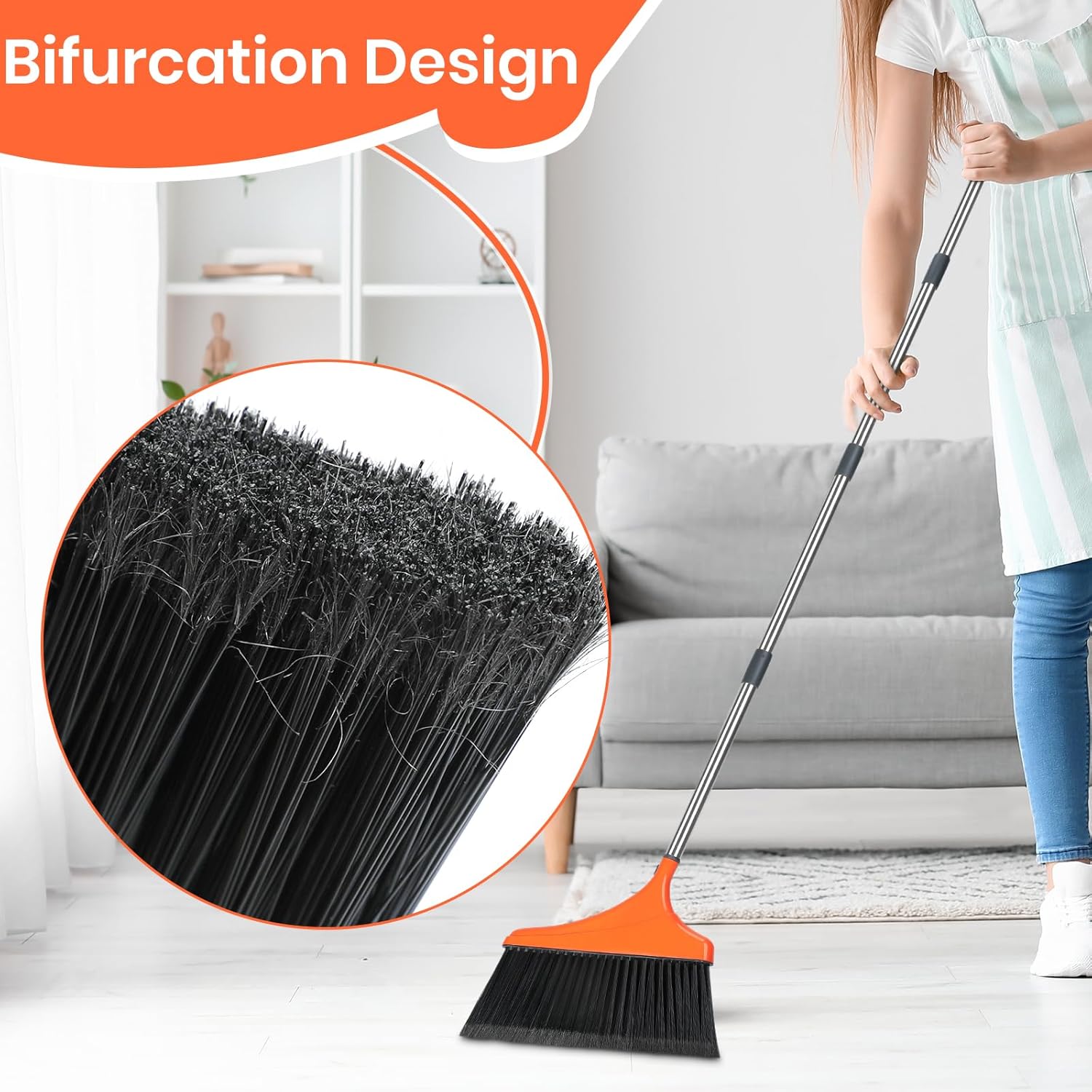 Heavy-Duty Angle Broom for Floor Cleaning with 52" Long Handle Stiff Bristle Angle Commercial and Industrial Broom, Indoor Outdoor Broom for Garage Kitchen Office Lobby Patio - Image 2