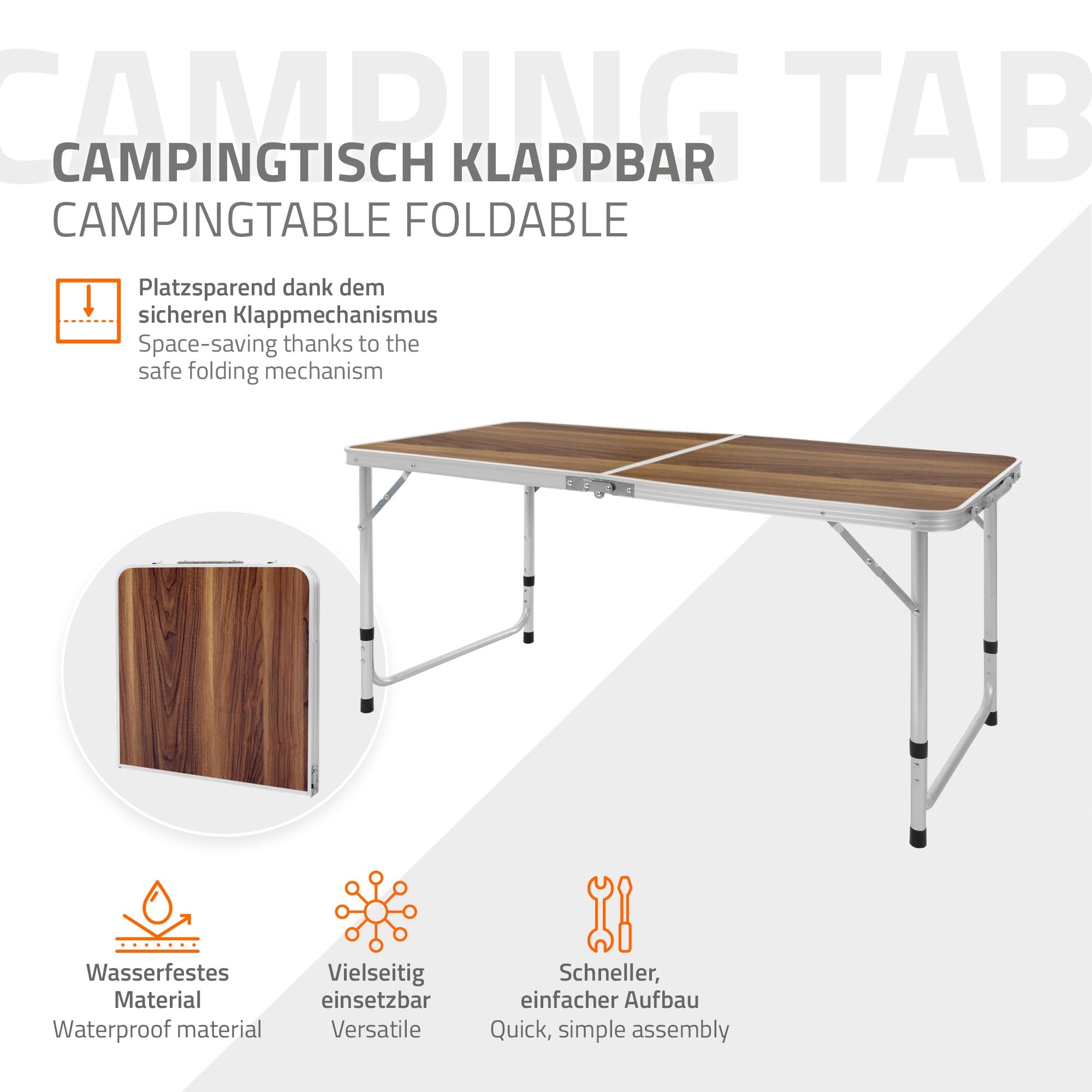 ECD Germany Table Pliante Transportable de Camping - 120 x 60 x 55/63/70 cm - Hauteur Réglable - en Aluminium et MDF - Marron - Table de Camping Jardin Barbecue Travail - Table pour Extérieur