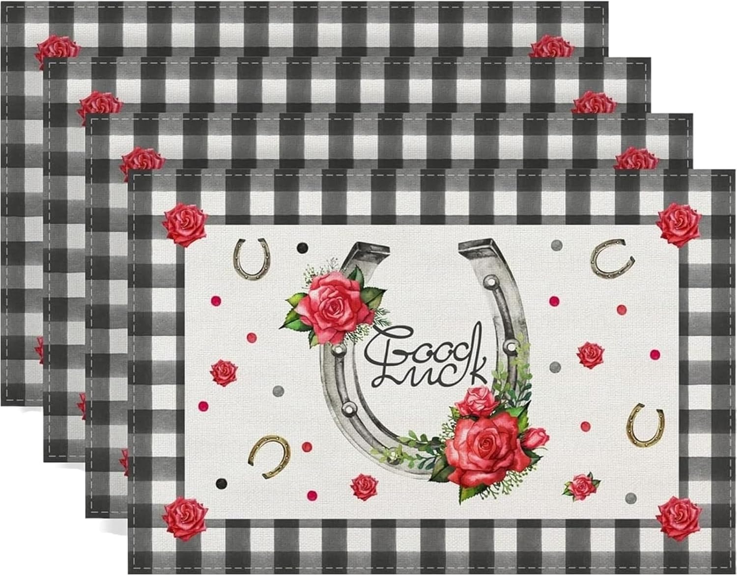 Horseshoe Rose Kentucky Horse Derby Placemats Set of 4 Festival Race Rustic 12×18"" for Kitchen Home Dining Table Decoration(4p)