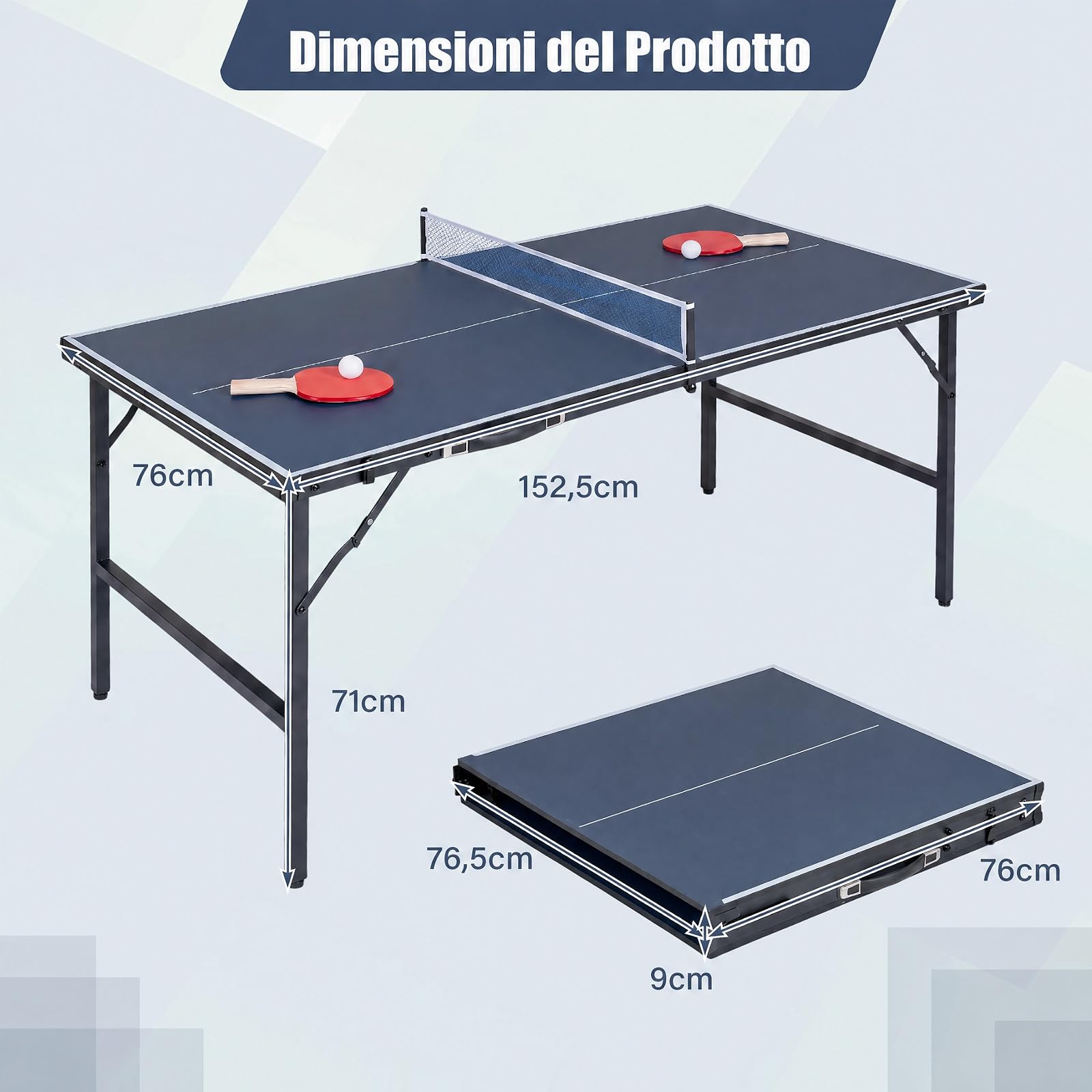 COSTWAY Tavolo da Ping Pong Pieghevole da Esterno ed Interno | Tavolo da Tennis Portatile con Rete, 2 Racchette, Palline e Maniglia, Set Giochi di Ping Pong Salvaspazio per Famiglie