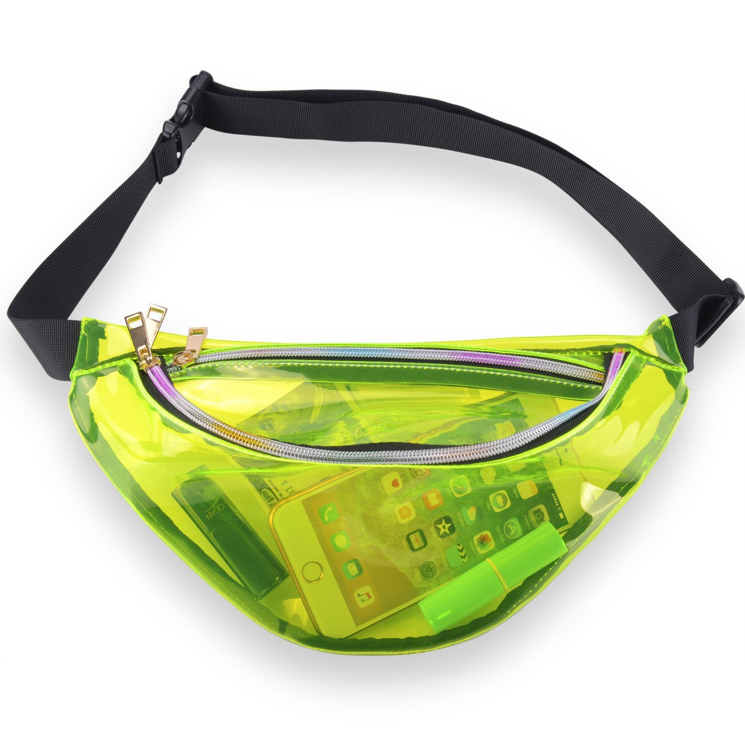 Miracu Neon Holographic Fanny Pack, 80s Cute Fashion Fanny Packs for Women Girls, Shiny Waist Pack Bum Bag for Rave, Festival, Party, Travel (Transparent Green)