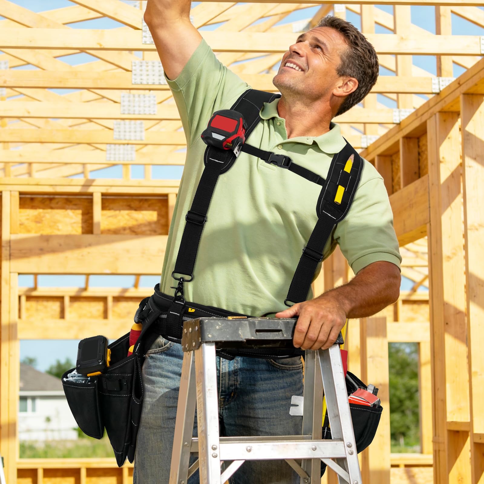 MELOTOUGH Ceinture à outils avec bretelles - Support de construction professionnel avec bretelles et 22 poches pour charpentier, électricien, toit, noir