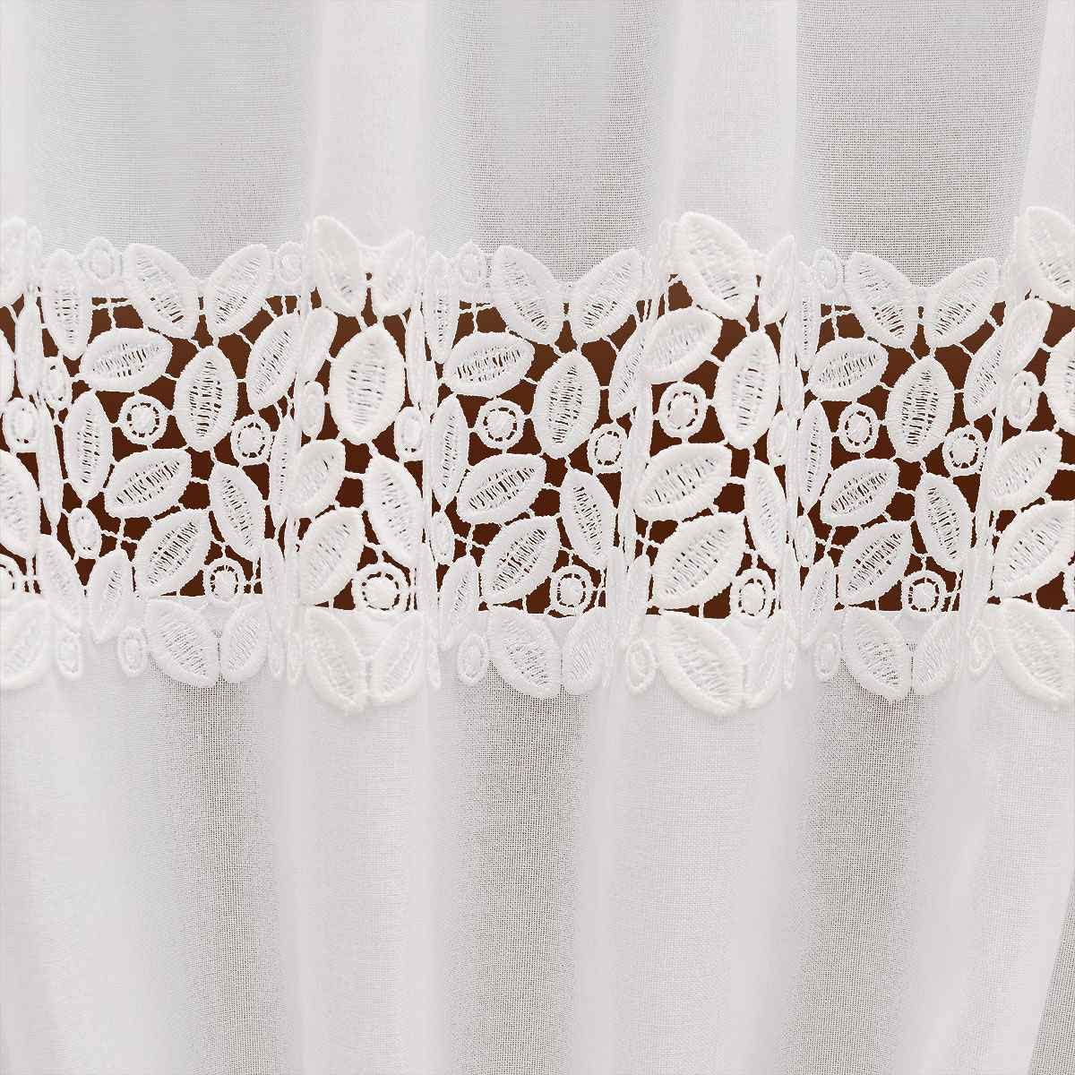 Scheibenhänger Carmelita Vogtländische Spitze mit Raffhalter | modern geraffter Sockelstore weiß Blätterdesign | Flächengardine handgefertigt | Kurzgardine Sockelstore Höhe x Breite 120 x 90 cm