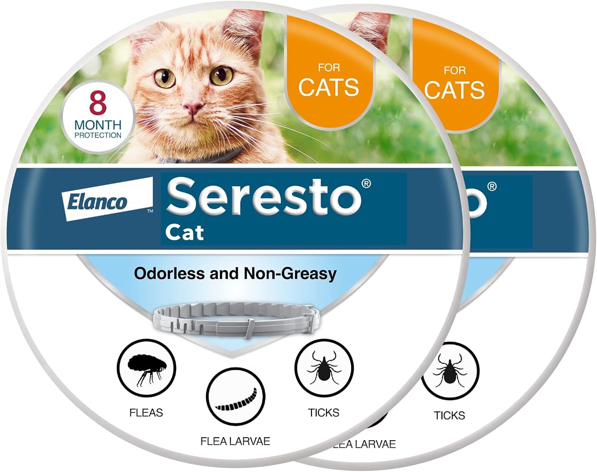 Collar de prevención y tratamiento contra pulgas y garrapatas recomendado por veterinarios para gatos, 8 meses de protección | (Paquete de 2)