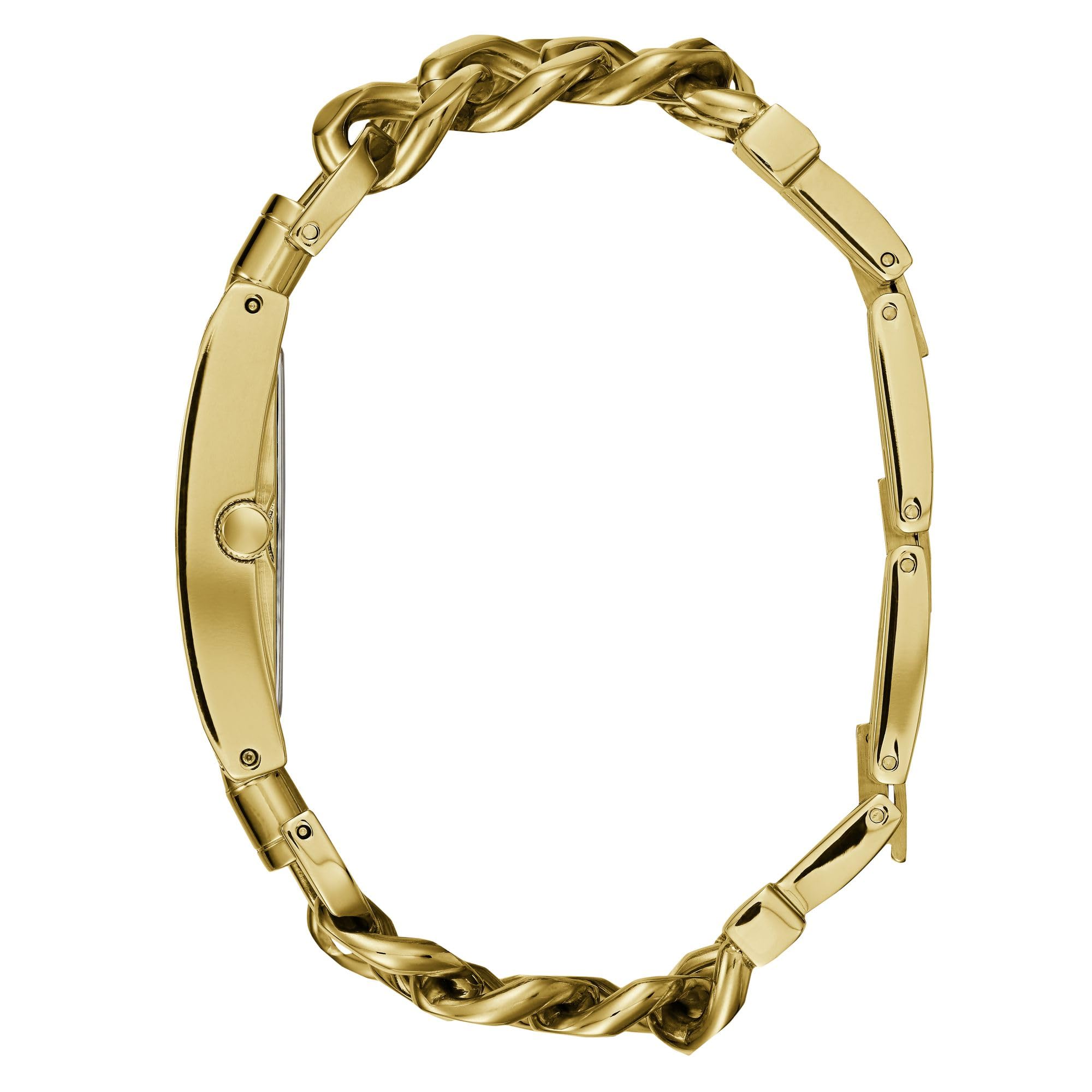 Detalhe do mostrador dourado retangular e corrente