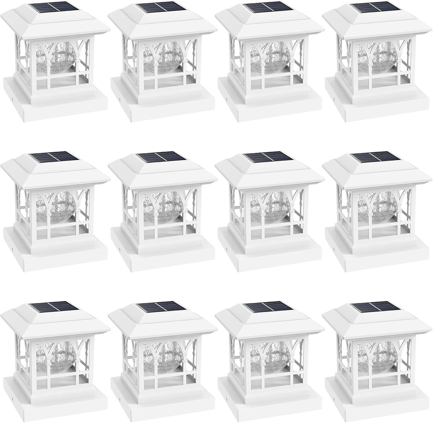 Fence Post Solar Lights, Crackle Glass Solar Post Cap Lights, 20 Lumens, Warm White & RGB Automatic Cycling 2 Modes for 3.6x3.6 4x4 4.5x4.5 5x5 Vinyl Wooden Posts Decoration, White (12 Pack) White 12 Pack