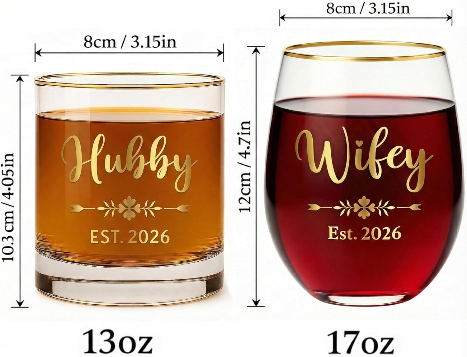 2026 Wedding Gift for Couple, Hubby and Wifey Glass Set - 13oz Whiskey & 17oz Stemless Wine Glass with Real Gold Rim and Fired Decal - Elegant Engagement, Anniversary Present for Him and Her - Image 4