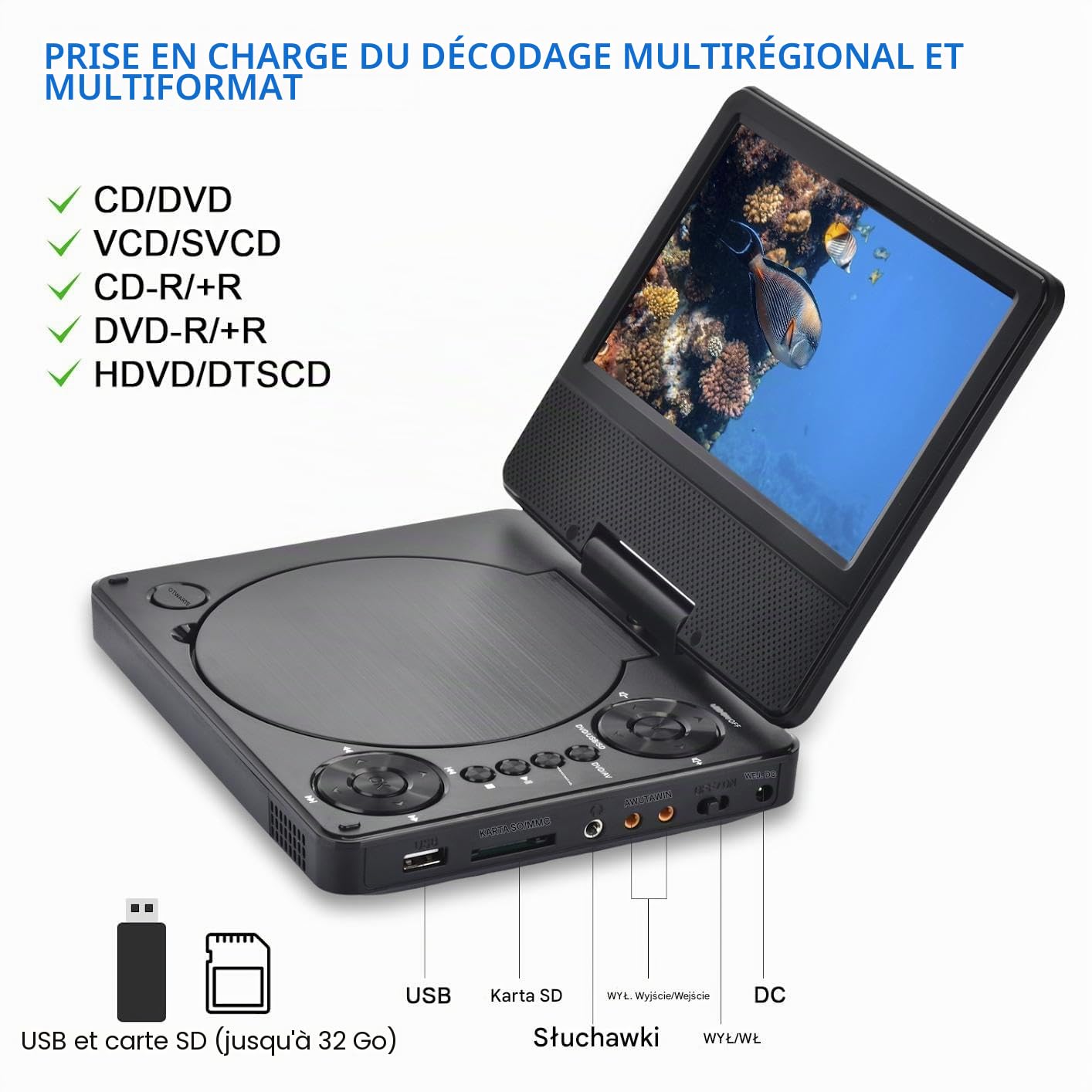 YOOHOO Mini Lecteur DVD Portable 9,5" pour Voiture et Enfants avec écran pivotant HD de 7,5" Prend en Charge Toutes Les régions, Plusieurs régions, lecteurs DVD de Voiture pour Enfants, écouteurs