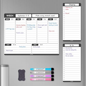 ALEZEL Weekly Dry Erase Board for Refrigerator, Magnetic Weekly Calendar Planner for Fridge, Set of Magnetic Weekly Calendar & 2 List Whiteboards, 4 Markers + Eraser