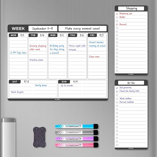 ALEZEL Weekly Dry Erase Board for Refrigerator, Magnetic Weekly Calendar Planner for Fridge, Set of Magnetic Weekly Calendar & 2 List Whiteboards, 4 Markers + Eraser