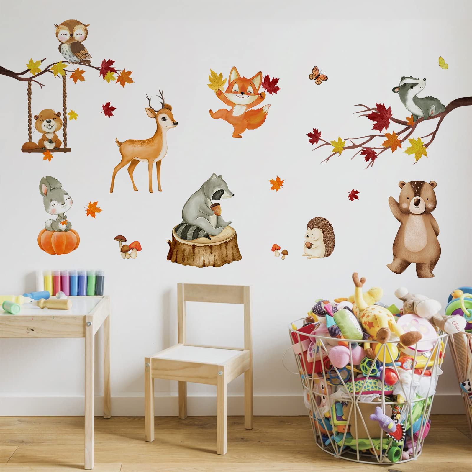 Fall Woodland Animals Wall Decals - Autumn Leaves Bear Deer Fox Nursery Decor, Removable Vinyl Stickers
