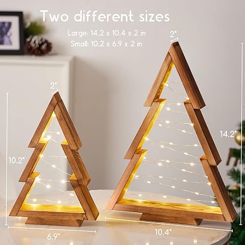 Miniatura 6 de Paquete de 2 árboles de Navidad de madera de mesa con luces y temporizador, decoraciones modernas de Navidad para interiores, decoración de Navidad