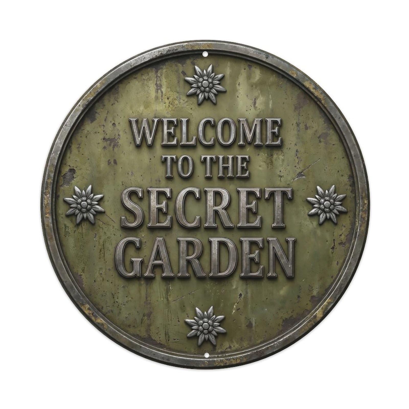 Vintage Welcome Secret Garden Pewter Olive Edelweiss Metal Tin Sign