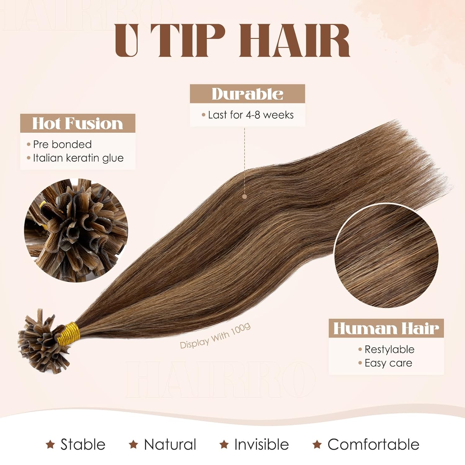 Hairro U Tip Hair Extensions Human Hair Pre Bonded Hot Fusion Keratin Nail Tipped Utips Ktip For Women 14 inch 25g 25 Strands #4RP27R Medium Brown&Dark Blonde