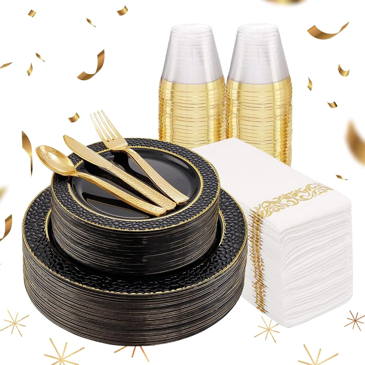 FLOWERCAT 175PCS Black Plastic Plates with Gold Rim & Black and Gold Plates & Gold Plastic Silverware & Black Disposable Plates for Wedding, New Year