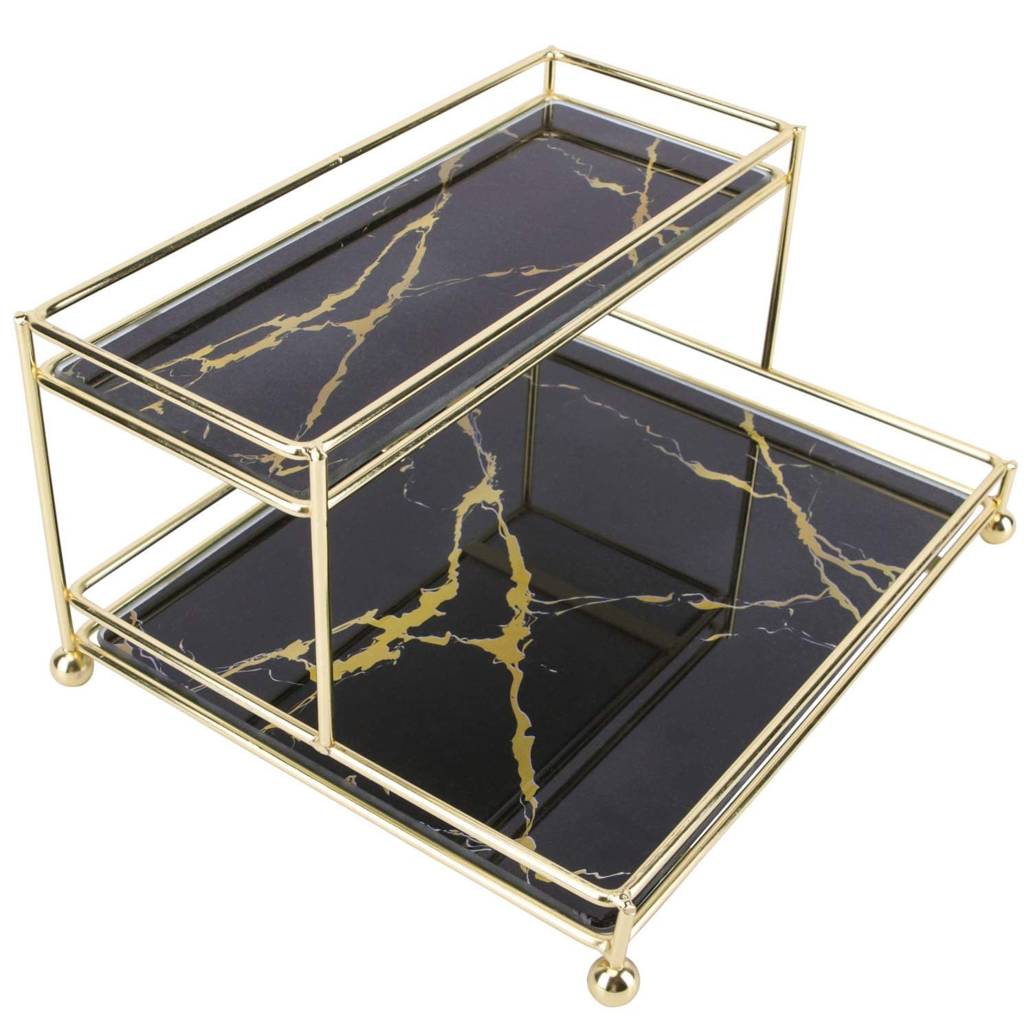 Simmer Stone Makeup Organizer Shelf, 2-tier Cosmetic Storage Basket with Glass Tray, Wire Vanity Organizer Rack for Bathroom, Countertop, Dresser and More, Medium Size
